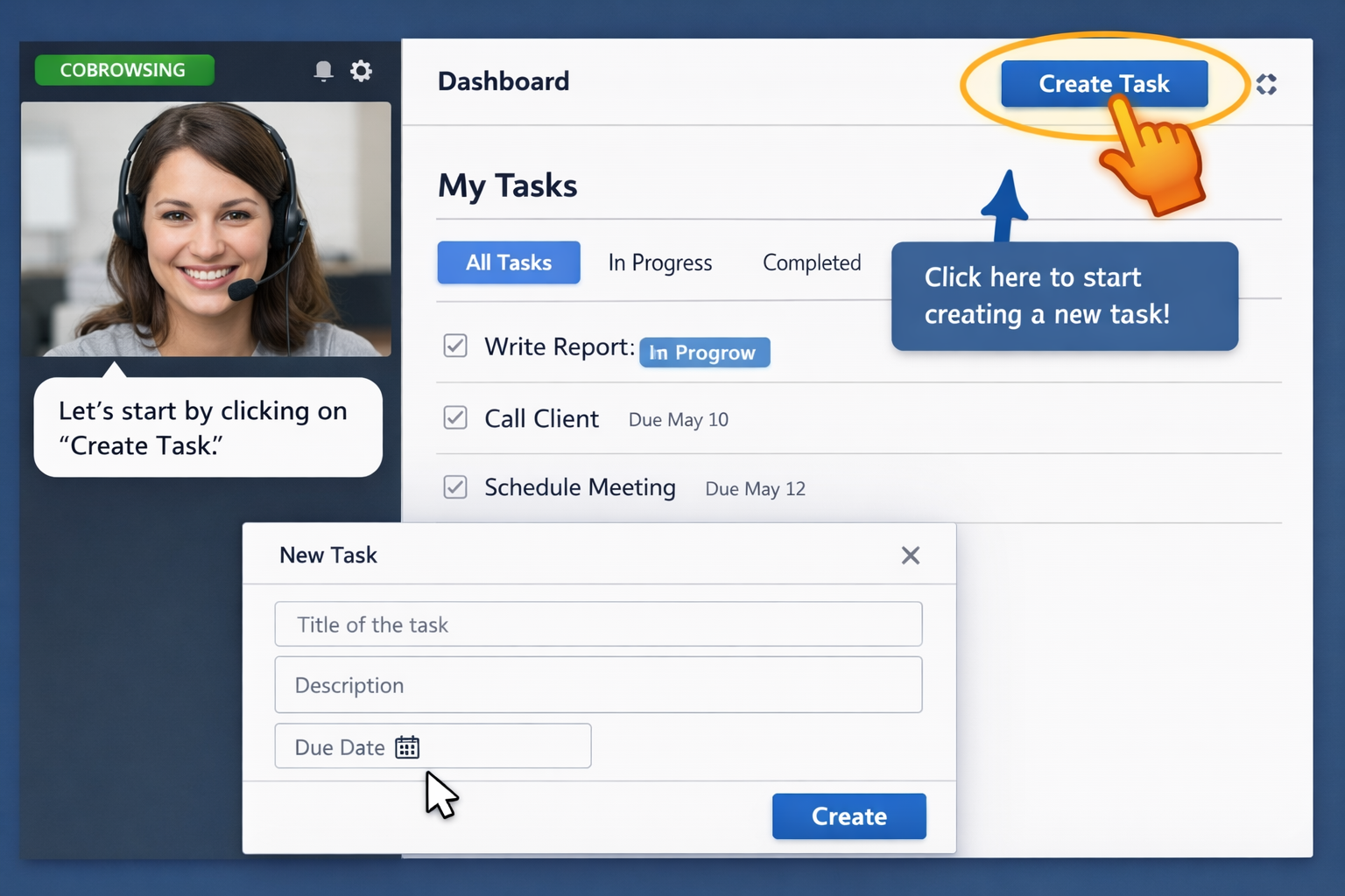 user training using cobrowse. Agent helping how to use the app